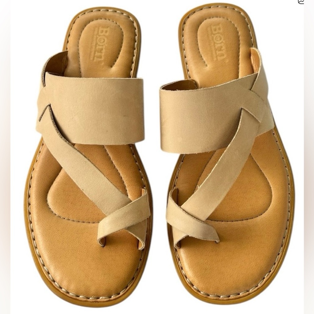 Born Veda Tan Leather Cross-Strap Comfort Slide Sandals Size 7